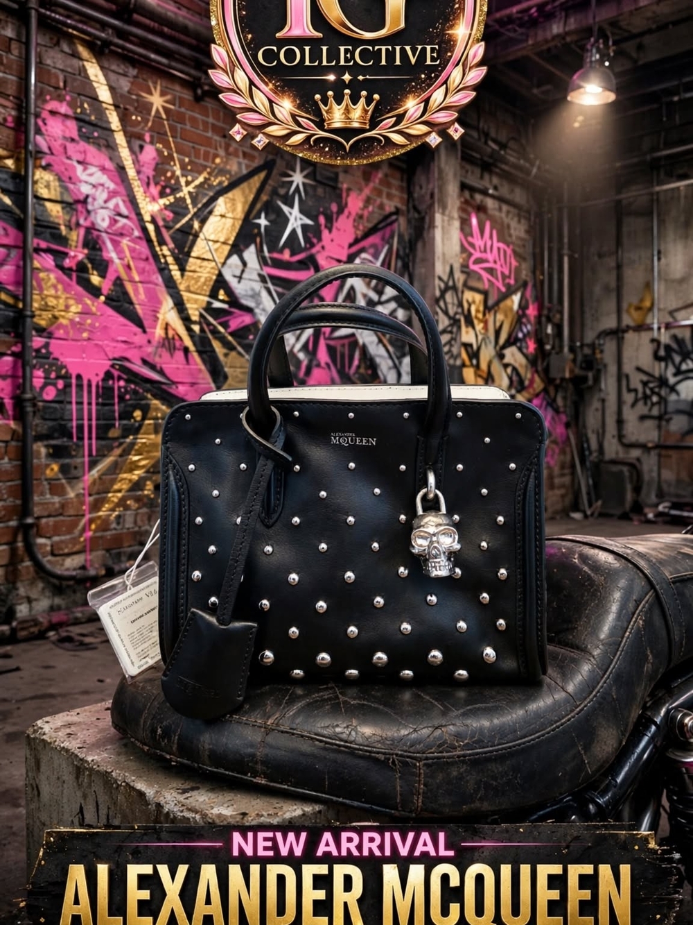 Alexander McQueen Black Studded Skull-Charm Leather Satchel